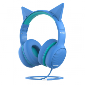 Promate Kids Headphones, On-Ear Foldable Wired Headset with Safe Volume Limited to 85dB, 3.5mm AUX Share-Port, 1.2m Tangle-Free AUX Cord, Detachable Cat Ears and Soft Earmuffs, Simba Aqua